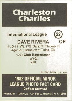 1982 TCMA Charleston Charlies #22 Dave Rivera Back