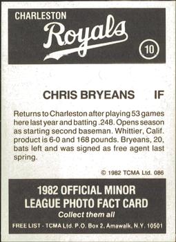 1982 TCMA Charleston Royals #10 Chris Bryeans Back