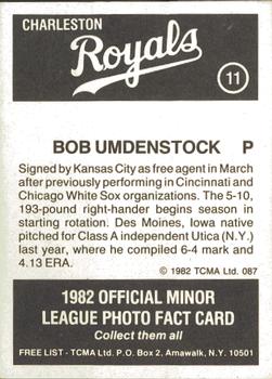1982 TCMA Charleston Royals #11 Bob Umdenstock Back