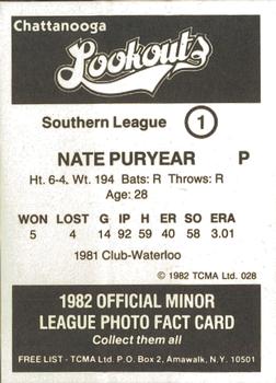 1982 TCMA Chattanooga Lookouts #1 Nate Puryear Back