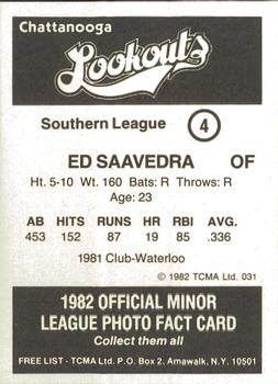 1982 TCMA Chattanooga Lookouts #4 Ed Saavedra Back