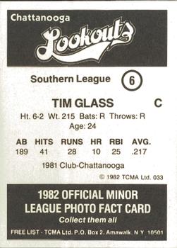 1982 TCMA Chattanooga Lookouts #6 Tim Glass Back