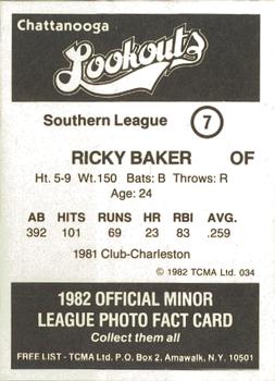 1982 TCMA Chattanooga Lookouts #7 Ricky Baker Back