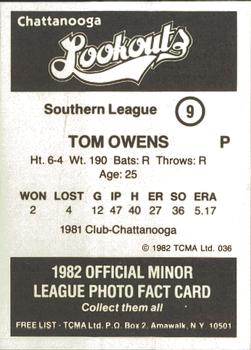 1982 TCMA Chattanooga Lookouts #9 Tom Owens Back