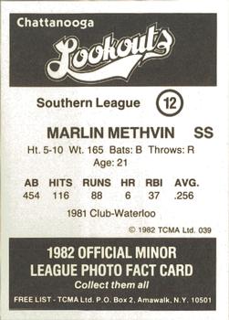 1982 TCMA Chattanooga Lookouts #12 Marlin Methven Back