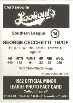 1982 TCMA Chattanooga Lookouts #14 George Cecchetti Back