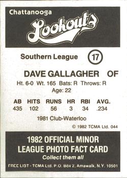 1982 TCMA Chattanooga Lookouts #17 Dave Gallagher Back