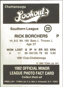 1982 TCMA Chattanooga Lookouts #20 Rick Borchers Back