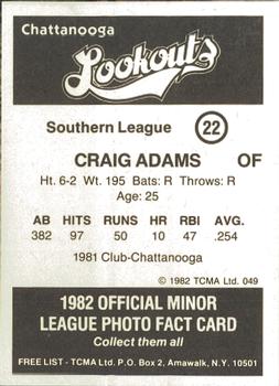 1982 TCMA Chattanooga Lookouts #22 Craig Adams Back