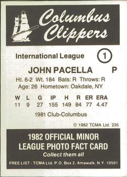1982 TCMA Columbus Clippers #1 John Pacella Back