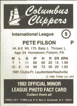 1982 TCMA Columbus Clippers #9 Pete Filson Back