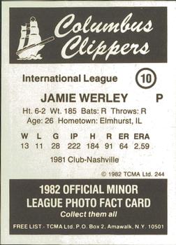 1982 TCMA Columbus Clippers #10 Jamie Werly Back
