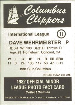 1982 TCMA Columbus Clippers #11 Dave Wehrmeister Back