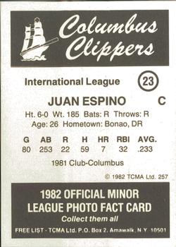 1982 TCMA Columbus Clippers #23 Juan Espino Back