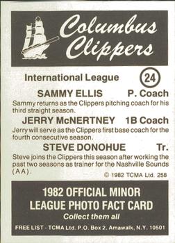 1982 TCMA Columbus Clippers #24 Sammy Ellis / Jerry McNertney / Steve Donohue Back