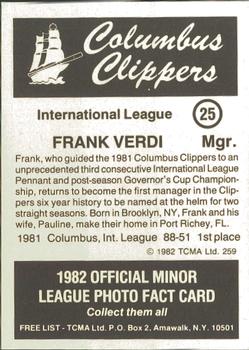 1982 TCMA Columbus Clippers #25 Frank Verdi Back