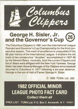 1982 TCMA Columbus Clippers #26 George Sisler Jr. Back