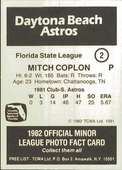 1982 TCMA Daytona Beach Astros #2 Mitch Coplon Back