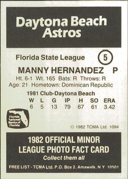 1982 TCMA Daytona Beach Astros #5 Manny Hernandez Back