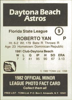 1982 TCMA Daytona Beach Astros #9 Roberto Yan Back