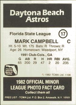 1982 TCMA Daytona Beach Astros #17 Mark Campbell Back