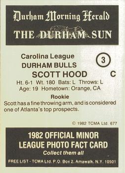 1982 TCMA Durham Bulls #3 Scott Hood Back