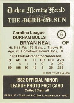 1982 TCMA Durham Bulls #6 Bryan Neal Back