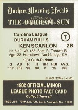 1982 TCMA Durham Bulls #7 Ken Scanlon Back