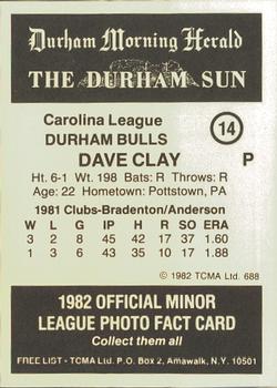 1982 TCMA Durham Bulls #14 Dave Clay Back