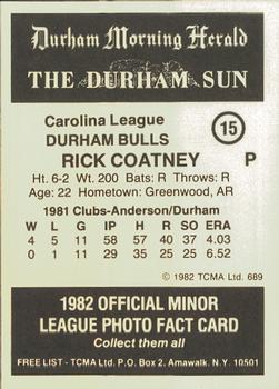 1982 TCMA Durham Bulls #15 Rick Coatney Back