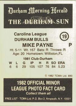 1982 TCMA Durham Bulls #19 Mike Payne Back