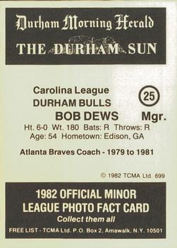 1982 TCMA Durham Bulls #25 Bob Dews Back