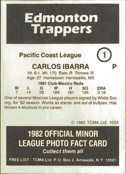 1982 TCMA Edmonton Trappers #1 Carlos Ibarra Back