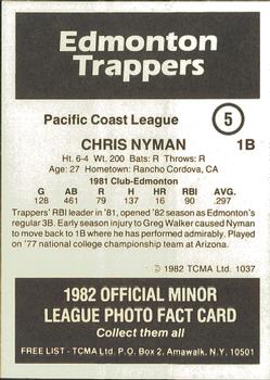1982 TCMA Edmonton Trappers #5 Chris Nyman Back