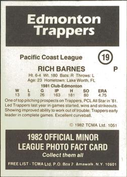 1982 TCMA Edmonton Trappers #19 Rich Barnes Back