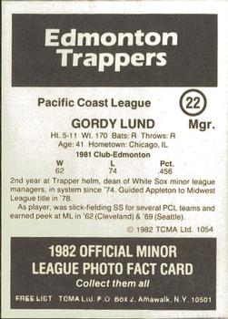 1982 TCMA Edmonton Trappers #22 Gordy Lund Back