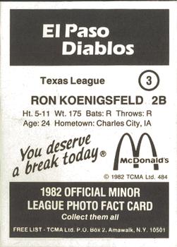1982 TCMA El Paso Diablos #3 Ron Koenigsfeld Back