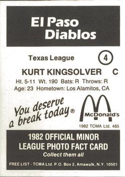 1982 TCMA El Paso Diablos #4 Kurt Kingsolver Back