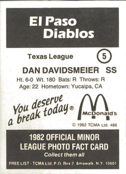 1982 TCMA El Paso Diablos #5 Dan Davidsmeier Back