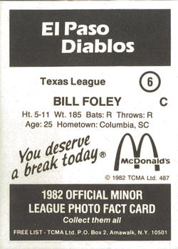 1982 TCMA El Paso Diablos #6 Bill Foley Back