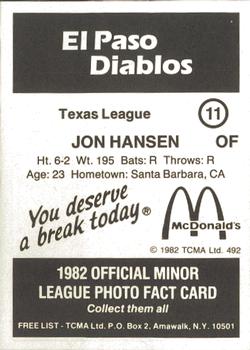 1982 TCMA El Paso Diablos #11 Jon Hansen Back