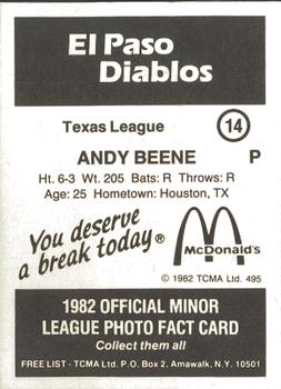 1982 TCMA El Paso Diablos #14 Andy Beene Back