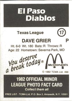 1982 TCMA El Paso Diablos #17 Dave Grier Back
