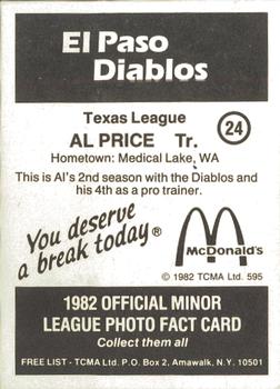 1982 TCMA El Paso Diablos #24 Al Price Back