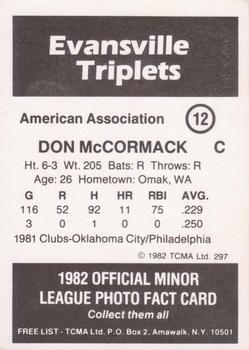1982 TCMA Evansville Triplets #12 Don McCormack Back