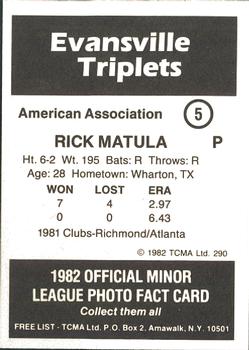 1982 TCMA Evansville Triplets #5 Rick Matula Back
