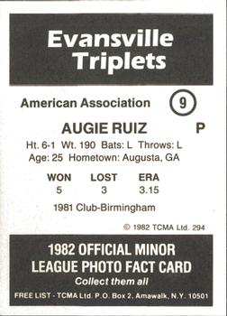 1982 TCMA Evansville Triplets #9 Augie Ruiz Back
