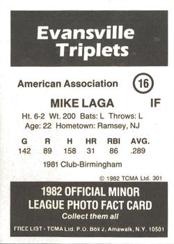 1982 TCMA Evansville Triplets #16 Mike Laga Back