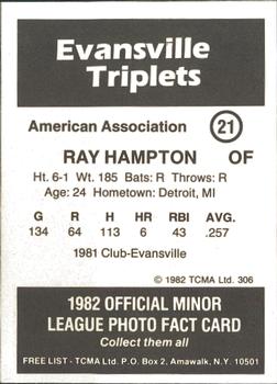 1982 TCMA Evansville Triplets #21 Ray Hampton Back