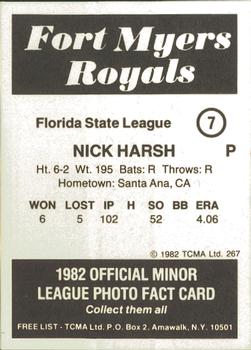 1982 TCMA Fort Myers Royals #7 Nick Harsh Back